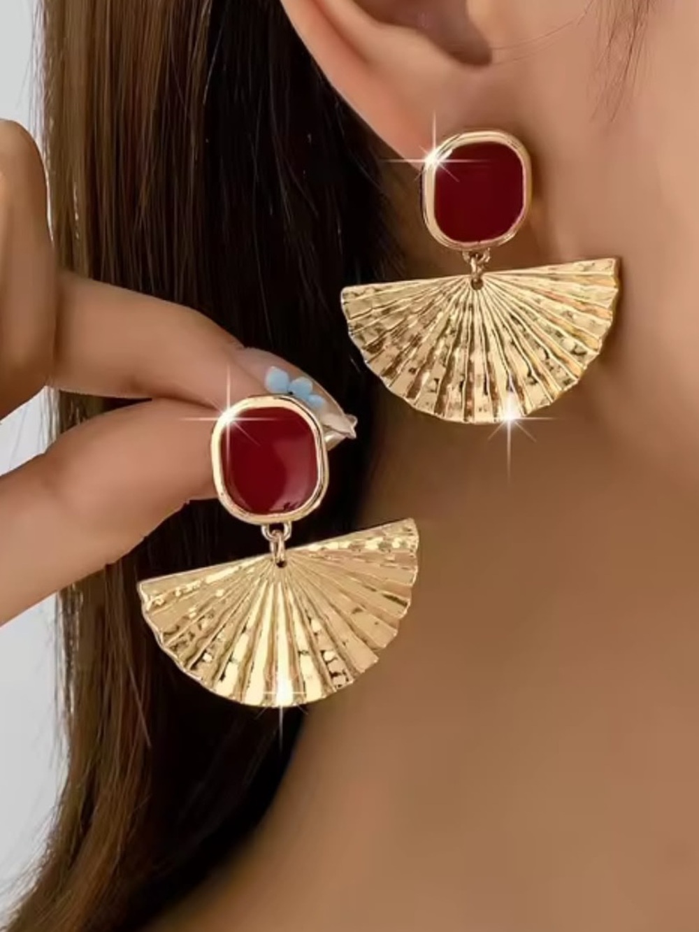 Anthropologie Gold Tone Fan Drop Earrings with Red Accents
